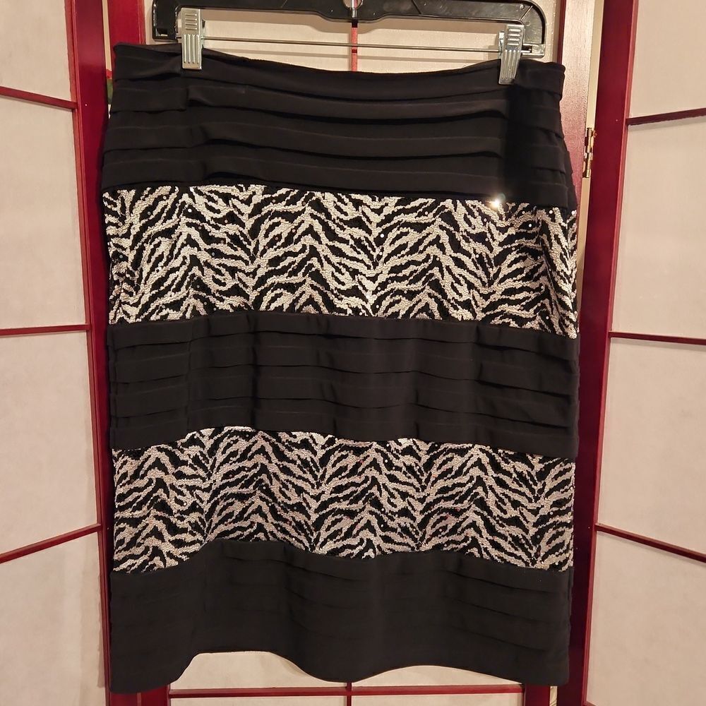 R & M Richards Sheer Black/Silver Glitzy Pencil Midi Skirt